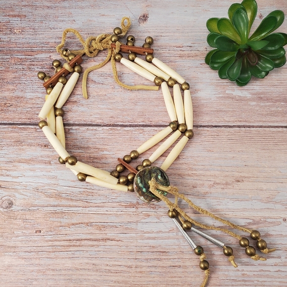 Vintage 1960's Bone, Brass, Leather Choker - Picture 2 of 4